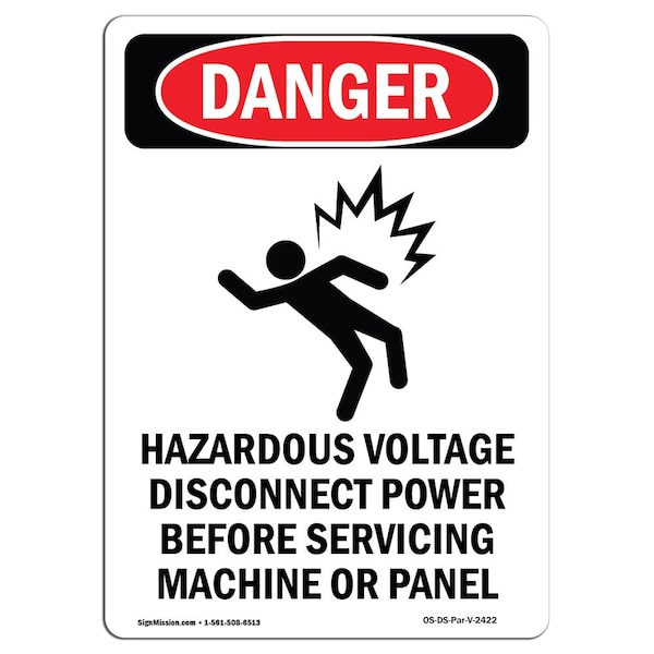 Safety Sign, OSHA Danger, 5" Height, Hazardous Voltage, Portrait, 10PK